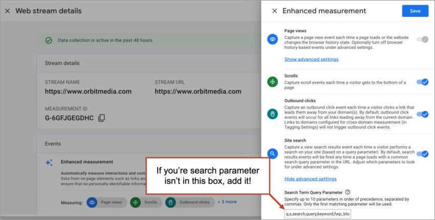 Screenshot showing Google Analytics Enhanced Measurement settings with a highlighted note instructing to add a search parameter if it isn’t listed under Site Search settings.