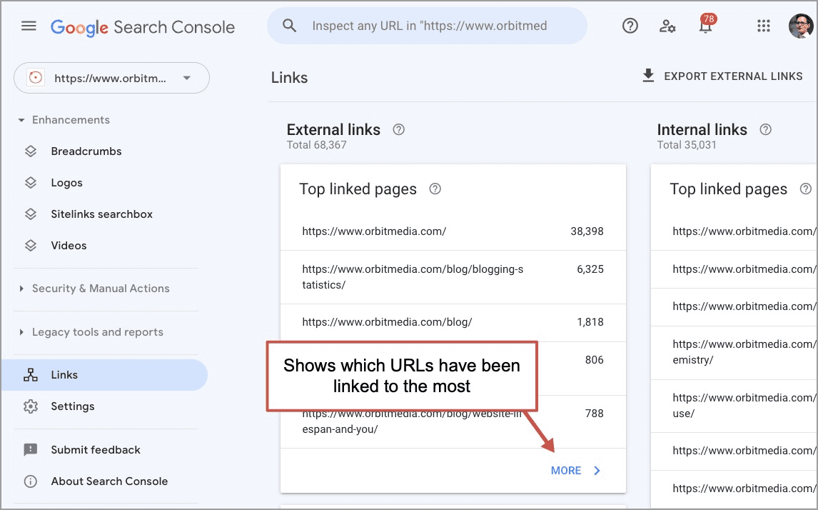 search console report showing which pages have been linked to the most