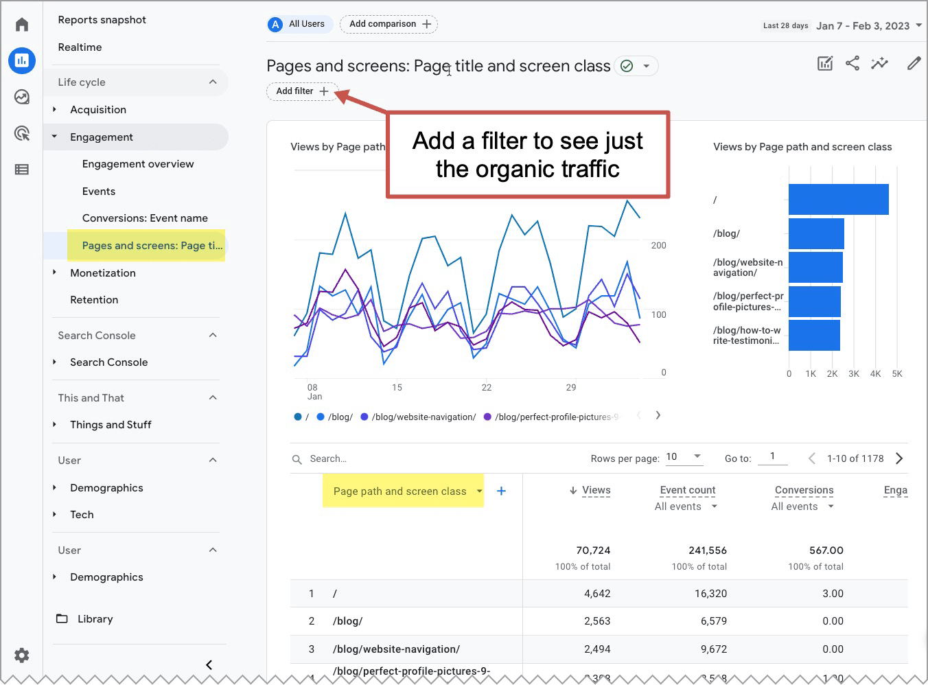 ga4 report showing filter for organic traffic