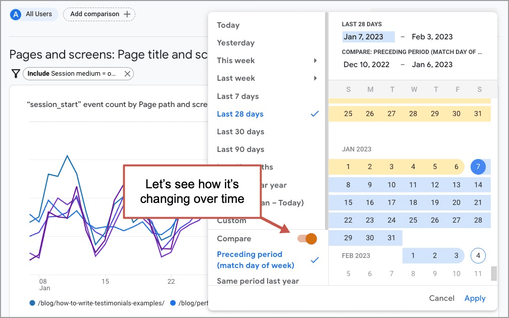 ga4 report showing the calendar to do comparisons