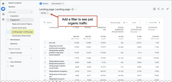 A screenshot of a web analytics dashboard highlighting the option to add a filter to see granular traffic metrics for a specific landing page.
