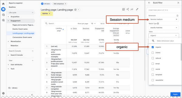 Screenshot of a google analytics interface focusing on filtering a report by session medium to show only organic traffic.