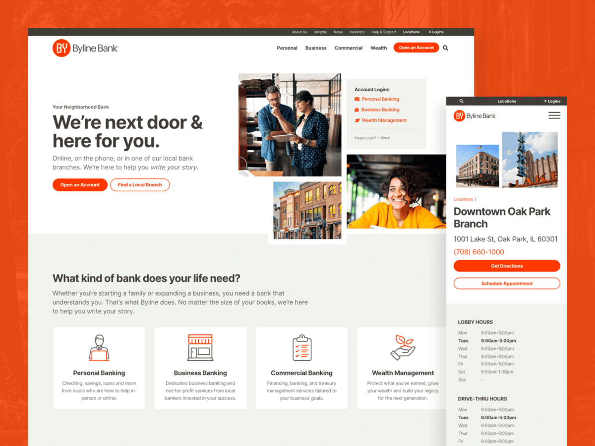 Desktop and mobile screen designs of Byline Bank website