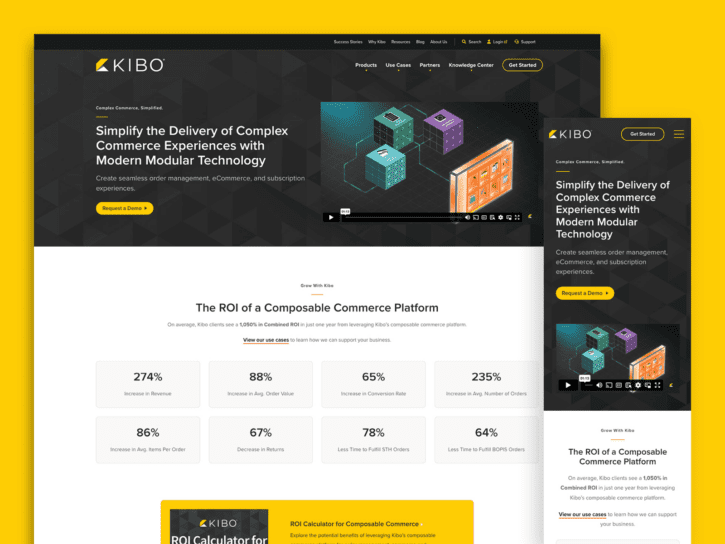 One desktop-sized screenshot, and one mobile-sized screenshot of Kibo Commerce.
