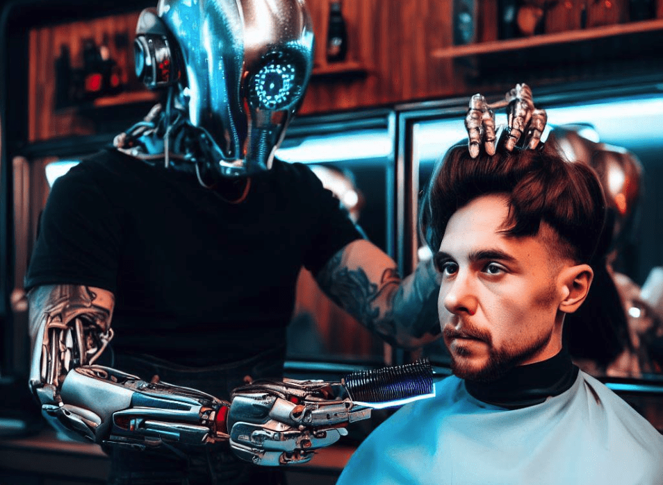 ai generated image of a robot cutting hair