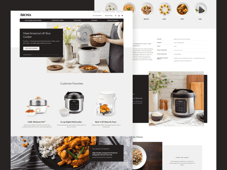 2 desktop screen designs of Aroma Housewares website