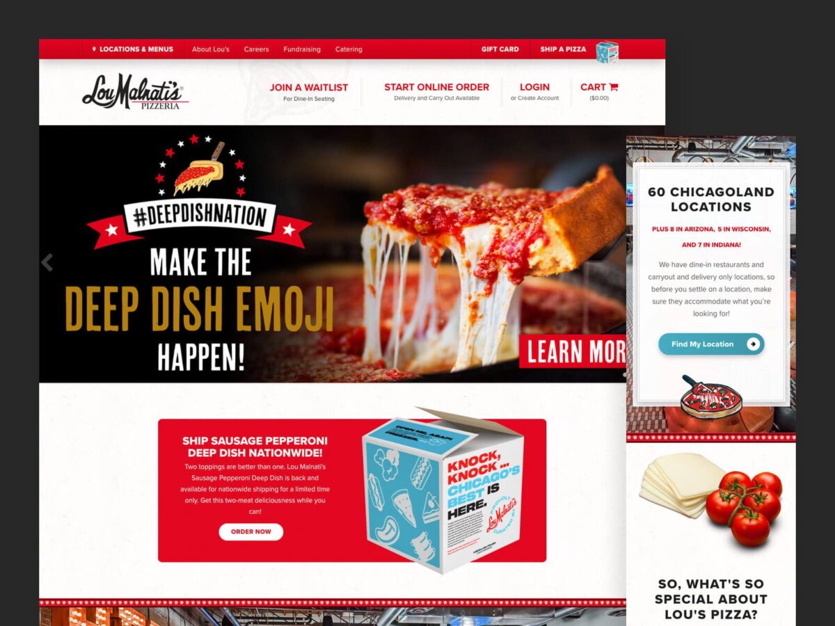 desktop and mobile designs for lou malnati's website