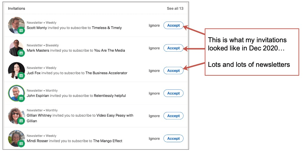 a list of linkedin newsletter invites