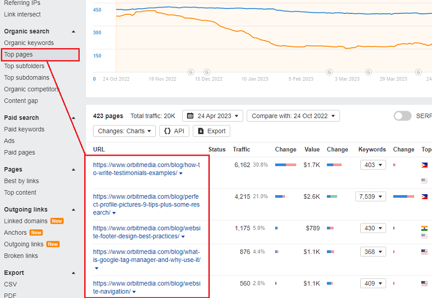 screenshot of an Ahrefs report showing the top pages of this website