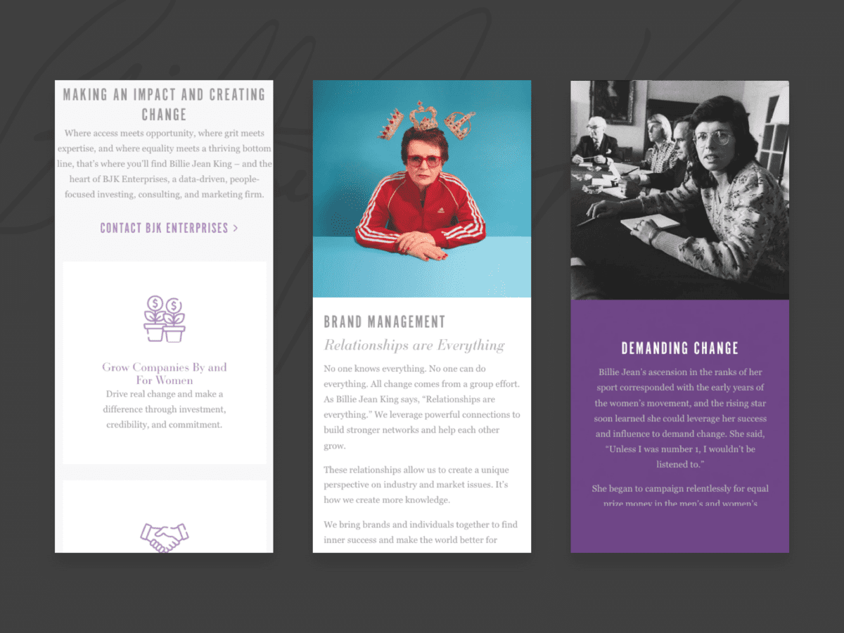 3 mobile screens of Billie Jean King website