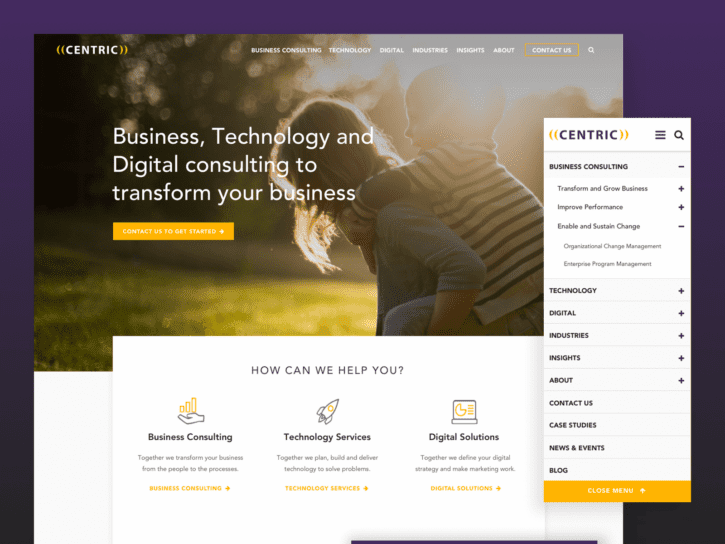 Desktop and mobile screens from Centric Consulting Website
