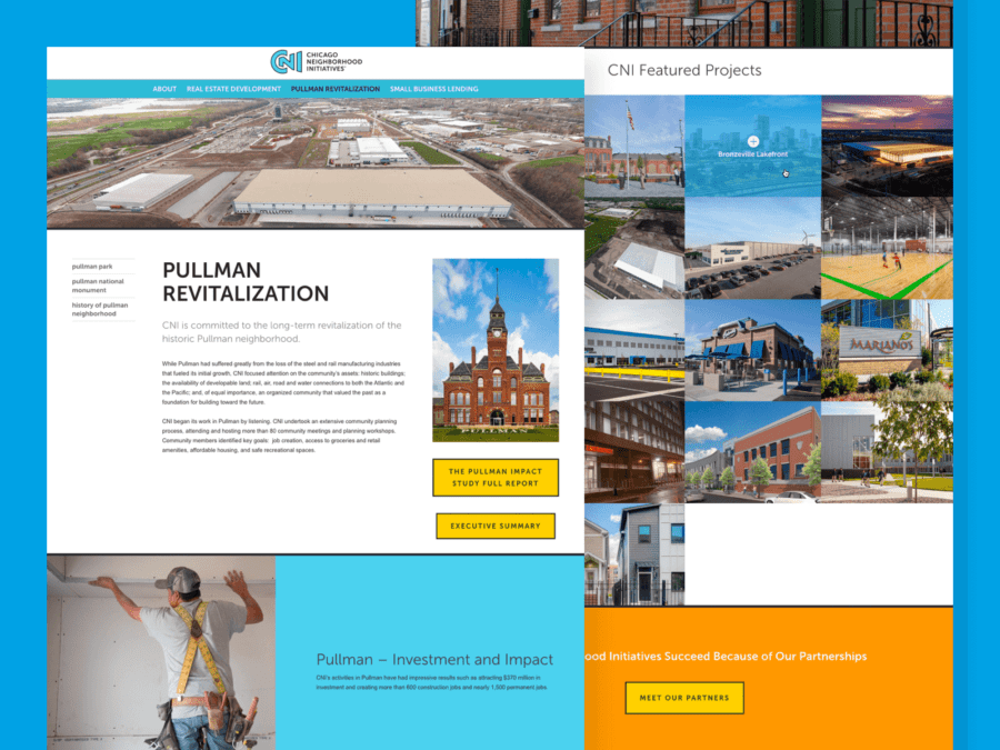 2 desktop screens for Chicago Neighborhood Initiative Website