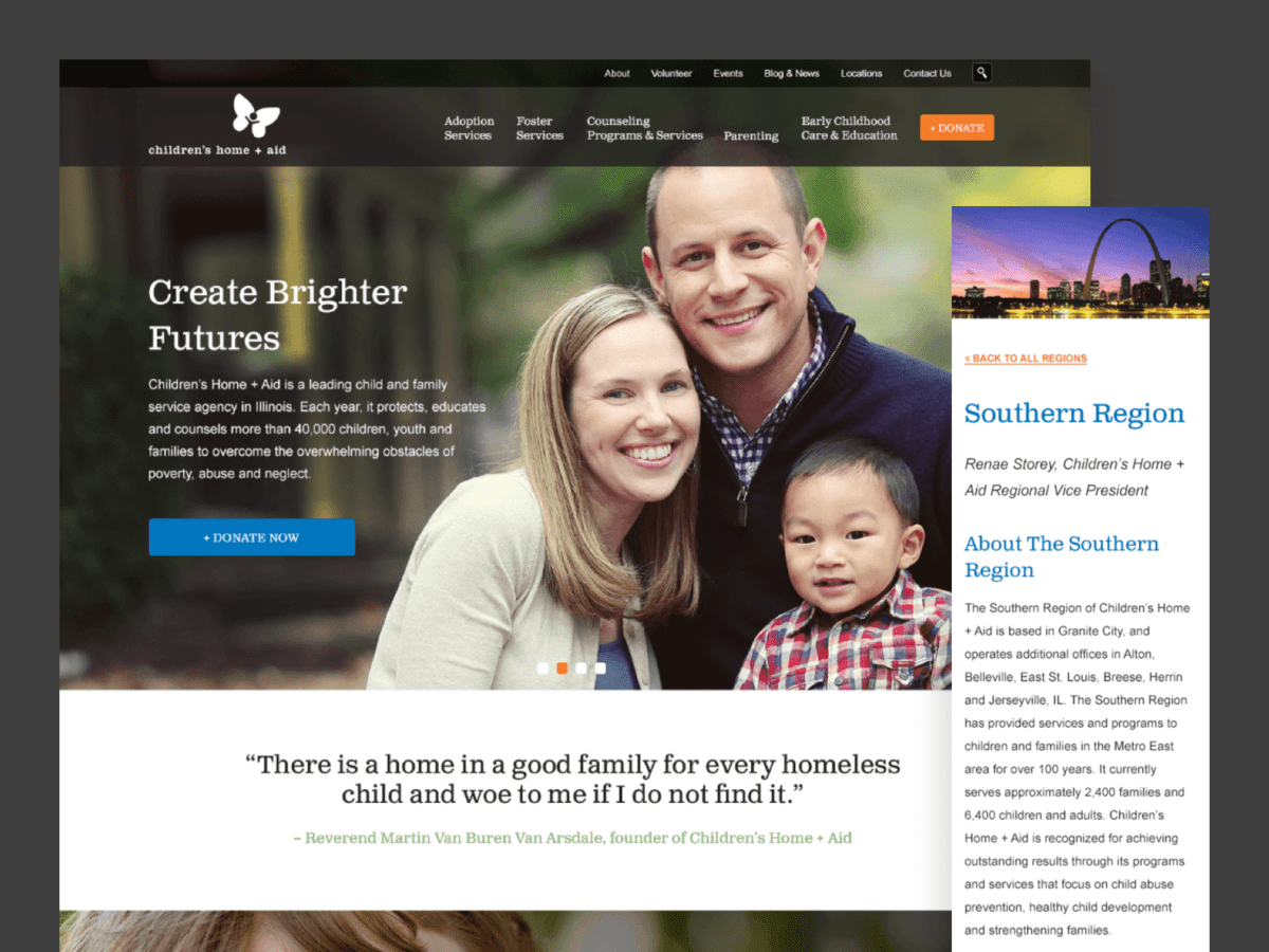 Desktop and mobile screens from Children’s Home + Aid Website