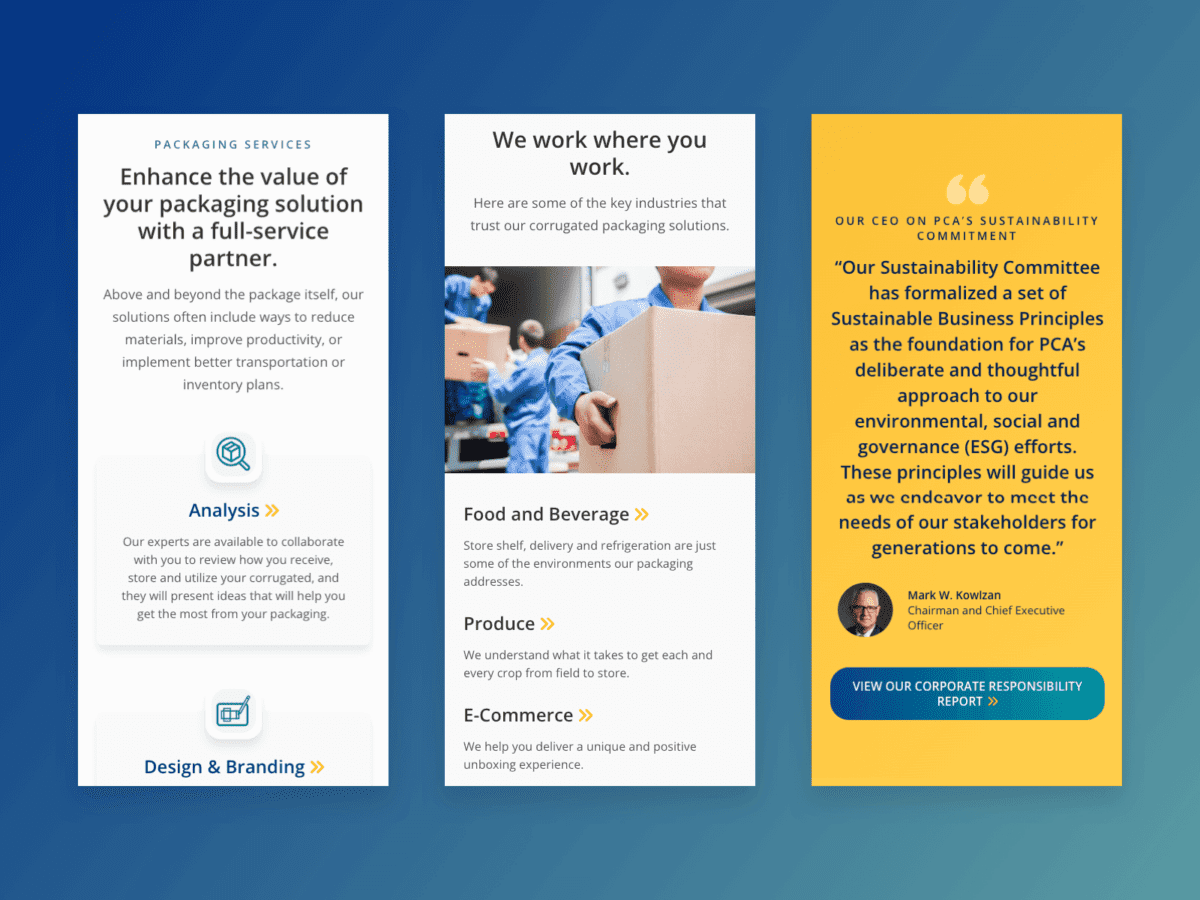 3 mobile designs for Packaging Corporation Of America website