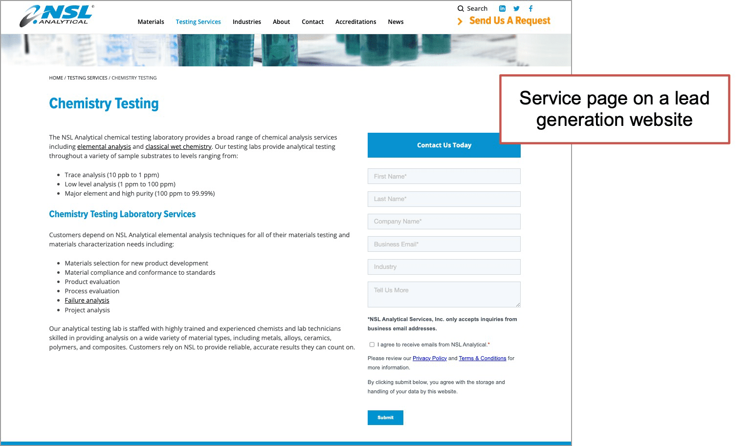 Service page for NSL Analytical's chemistry testing, detailing laboratory services and providing a contact form on their website.