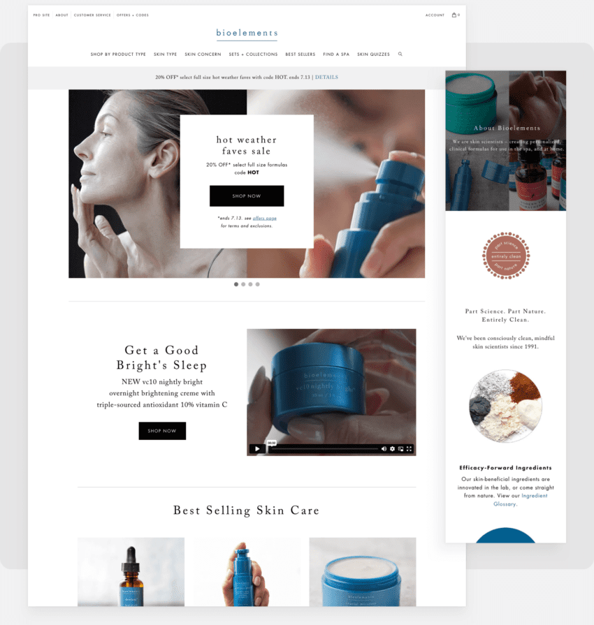 Desktop and Mobile Screenshot for Bioelements website