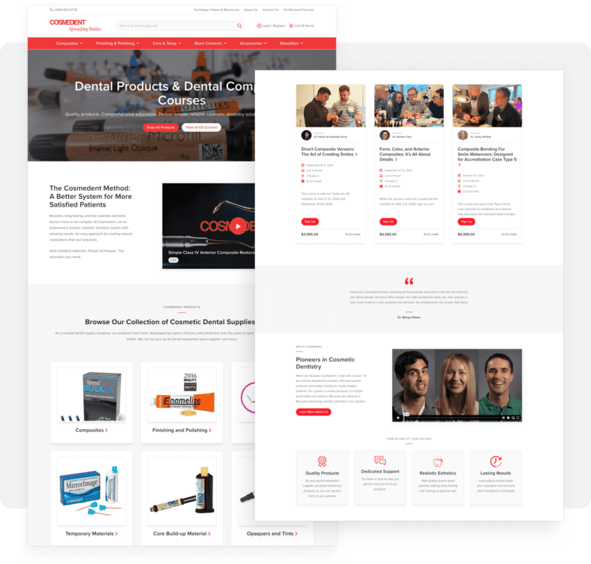 Two screenshots of Cosmedent website