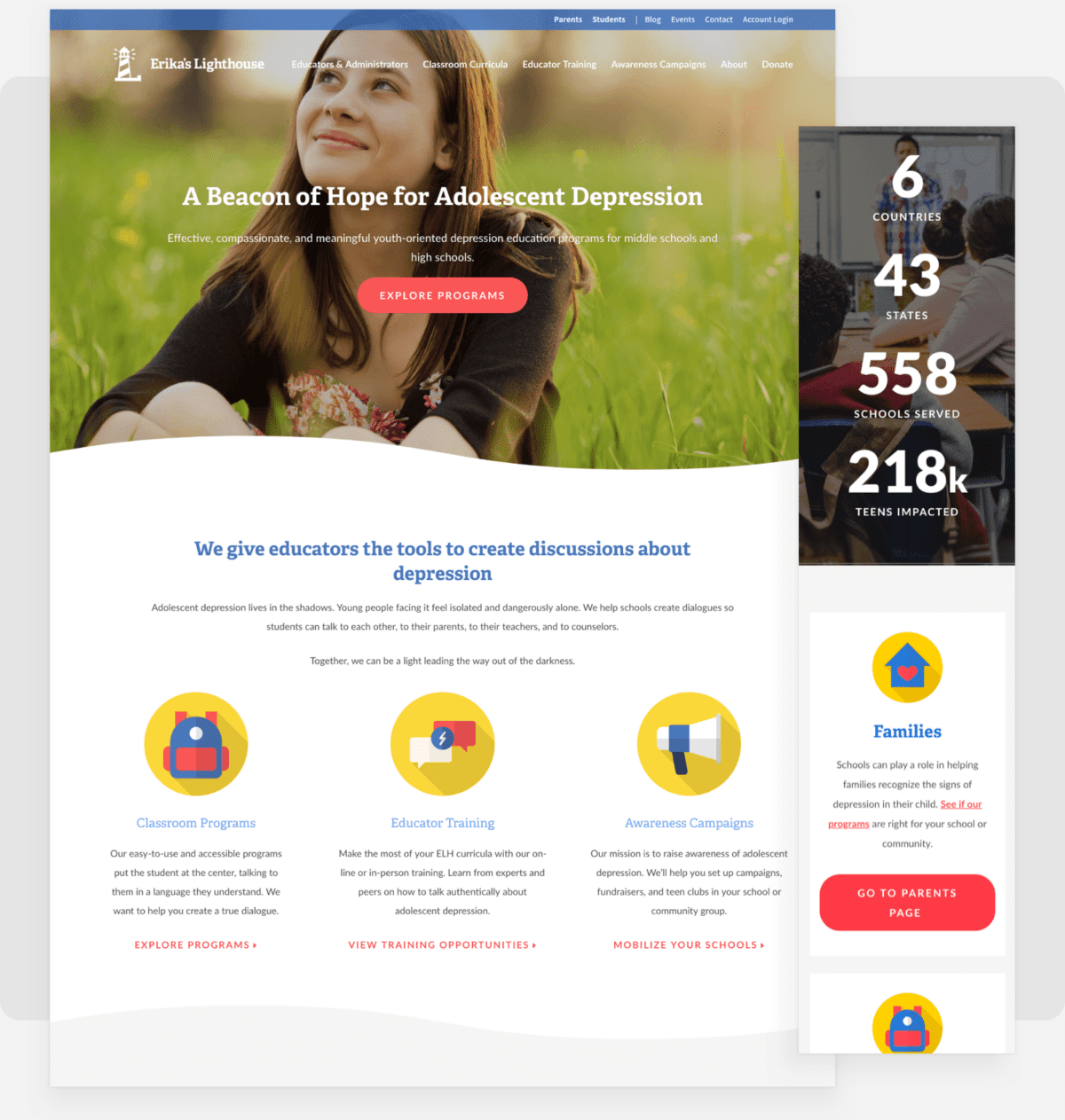 Desktop and Mobile Screenshot for Erika's Lighthouse website