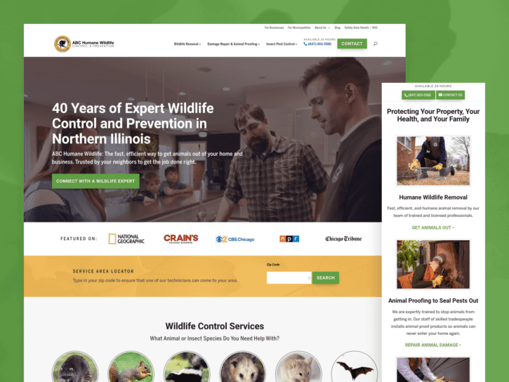 One desktop-sized screenshot, and one mobile-sized screenshot of ABC Humane Wildlife Control and Prevention website.