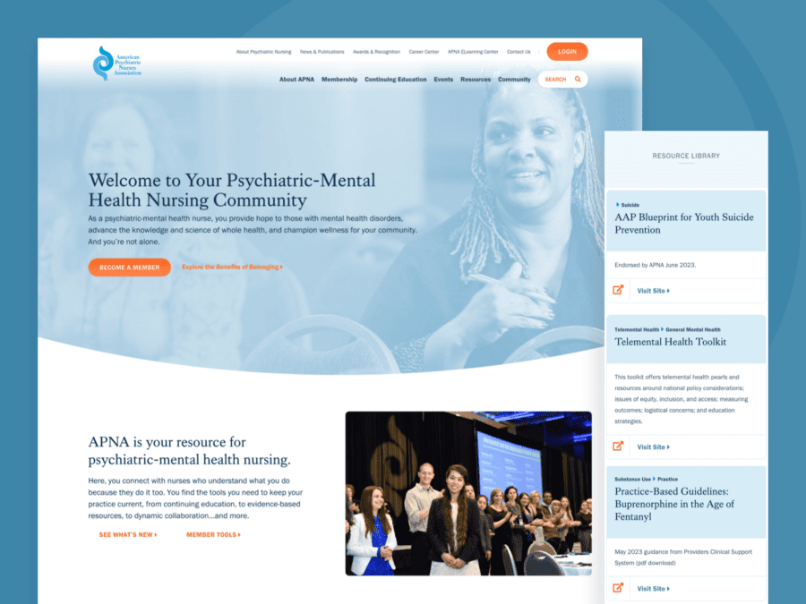 One desktop-sized screenshot, and one mobile-sized screenshot of American Psychiatric Nurses Association website.