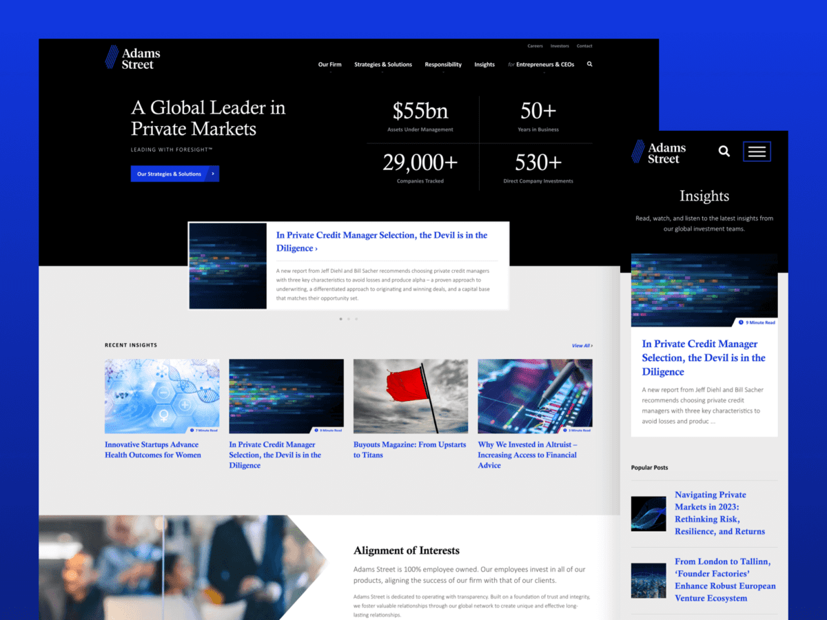 One desktop and one mobile design for the Adams Street Partners website.