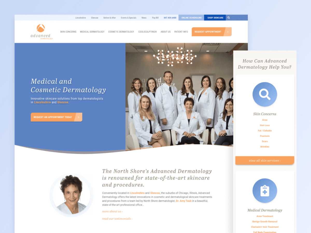 One desktop-sized screenshot, and one mobile-sized screenshot of Advanced Dermatology website.