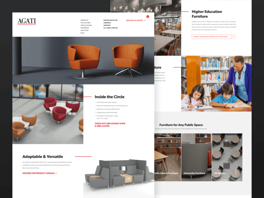 Two desktop-sized screenshots of Agati Furniture website.