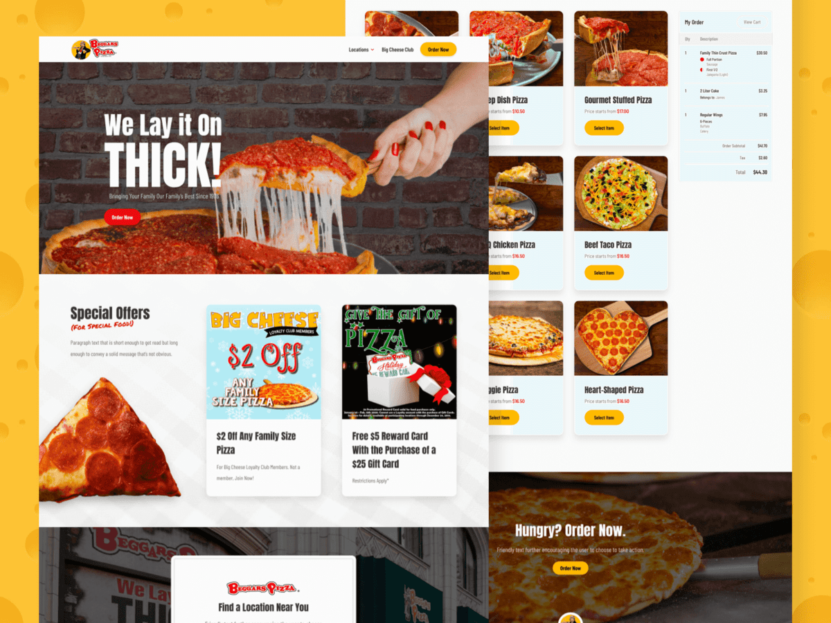 two desktop view of design for beggars pizza website