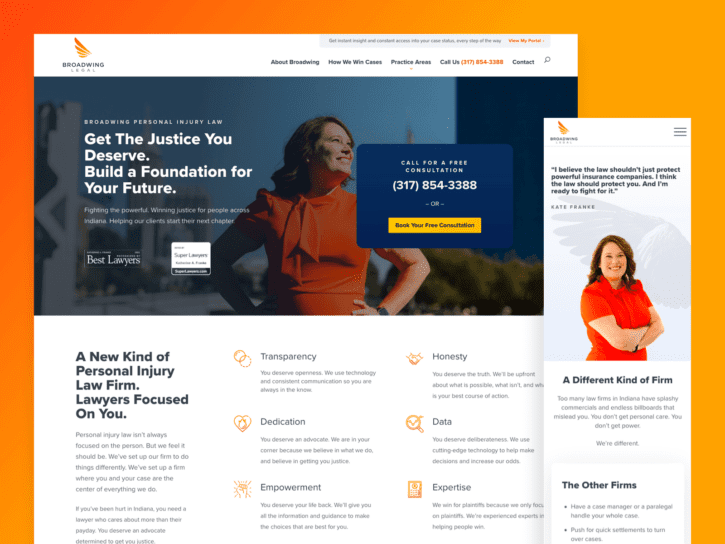 desktop and mobile view of design for broadwing legal website