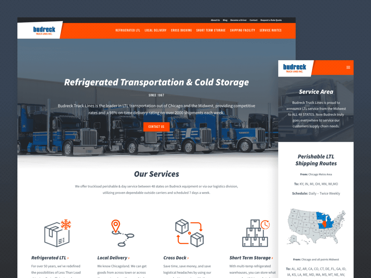 desktop and mobile view of design for budreck truck lines website