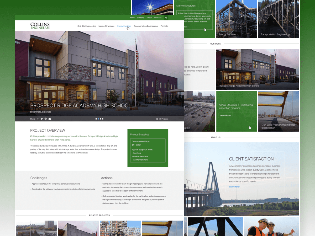 2 desktop screens for Collins Engineers Website