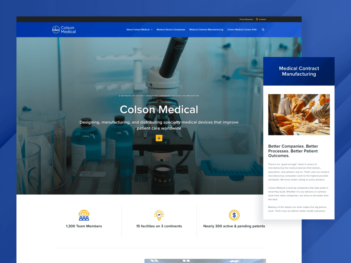 Desktop and mobile screens from Colson Medical Website