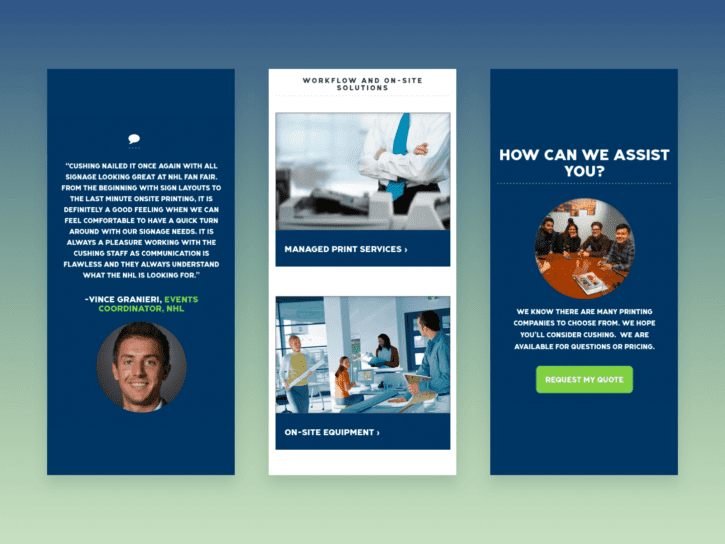 3 mobile screens of Cushing website