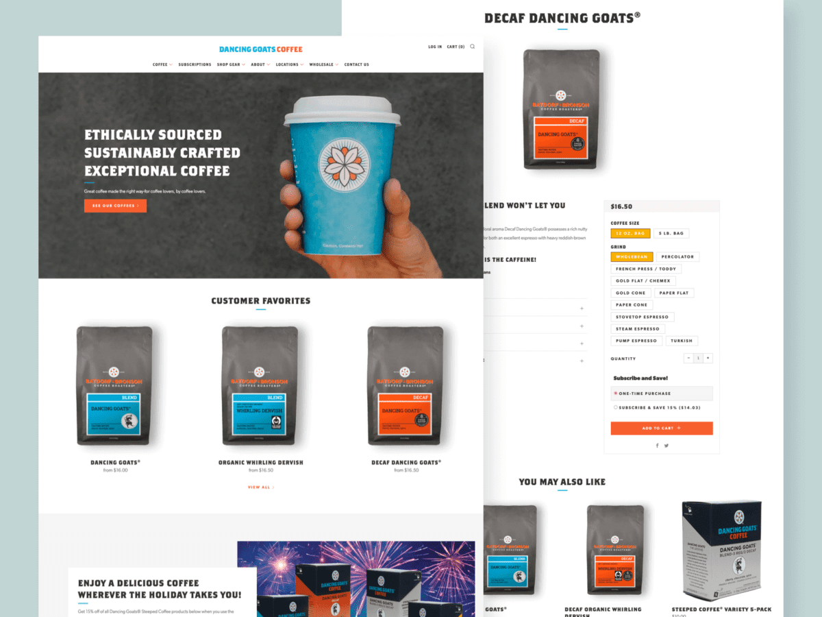 two desktop view of design for dancing goats coffee website