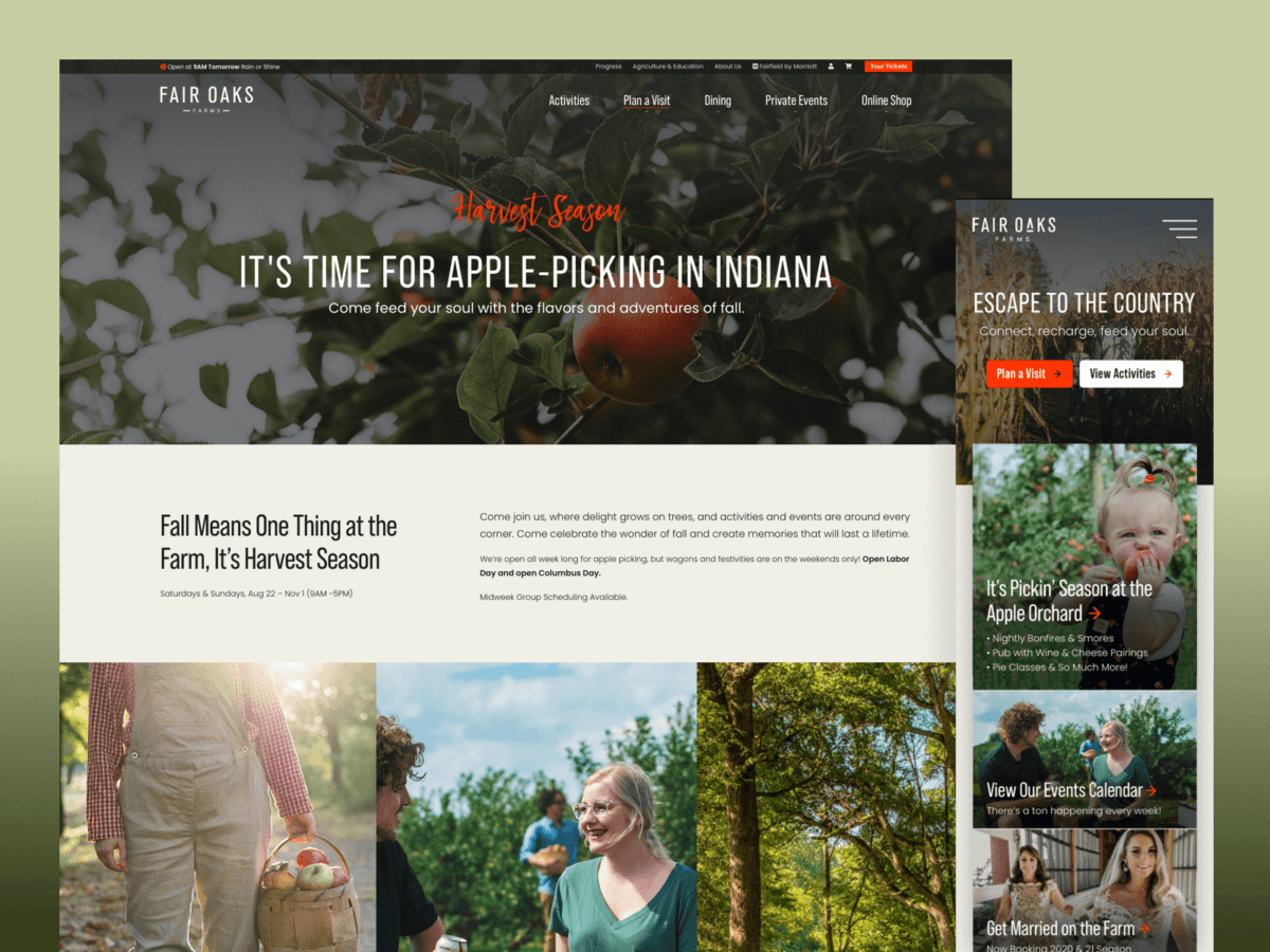 One desktop-sized screenshot, and one mobile-sized screenshot of Fair Oaks Farms website.