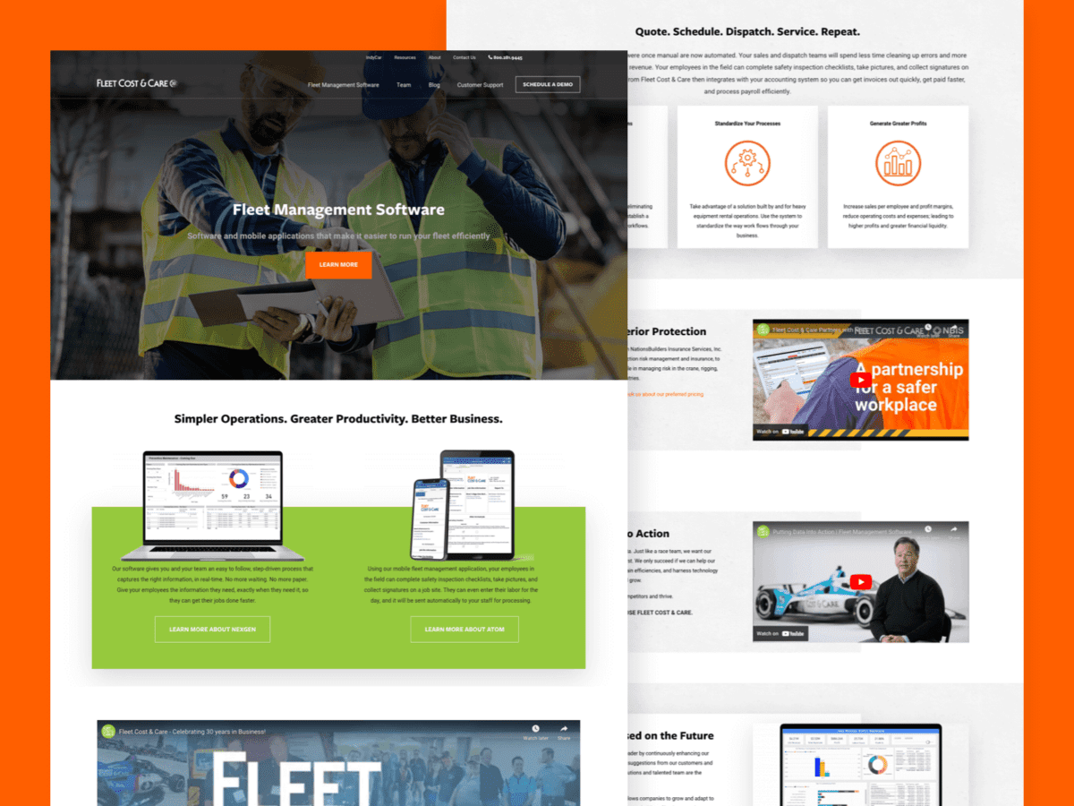 Two desktop-sized screenshots of Fleet Cost & Care website.