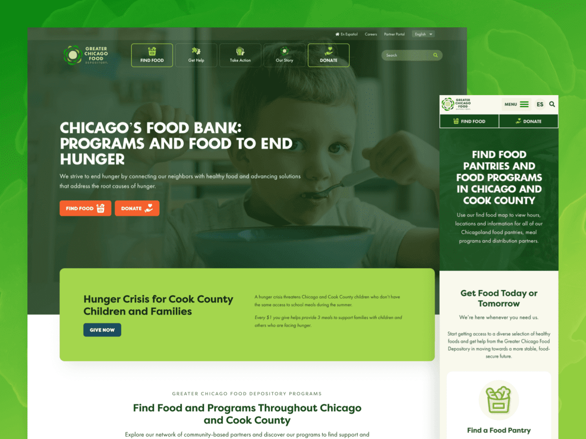 One desktop-sized screenshot, and one mobile-sized screenshot of Greater Chicago Food Depository website.