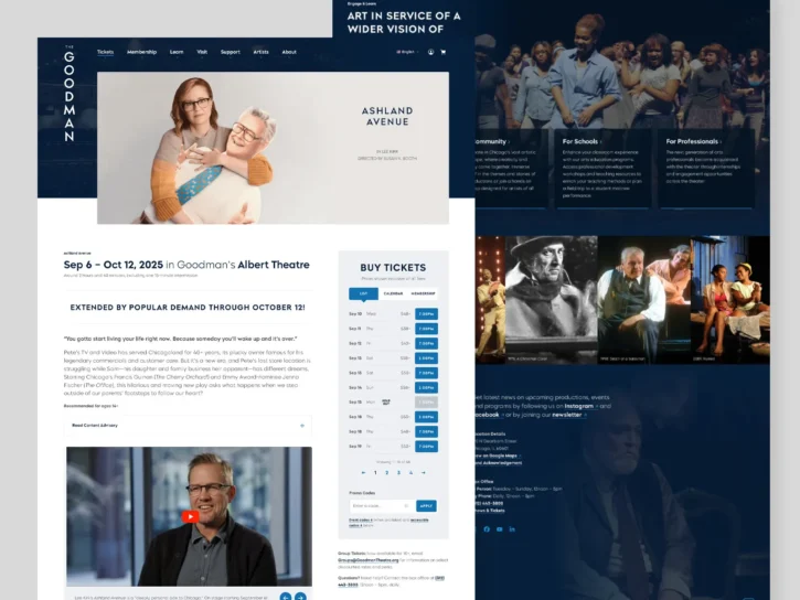 Screenshot of a theater website displaying a show, ticket purchasing options, a featured photo of two people, event dates, and additional information about the theater’s offerings.
