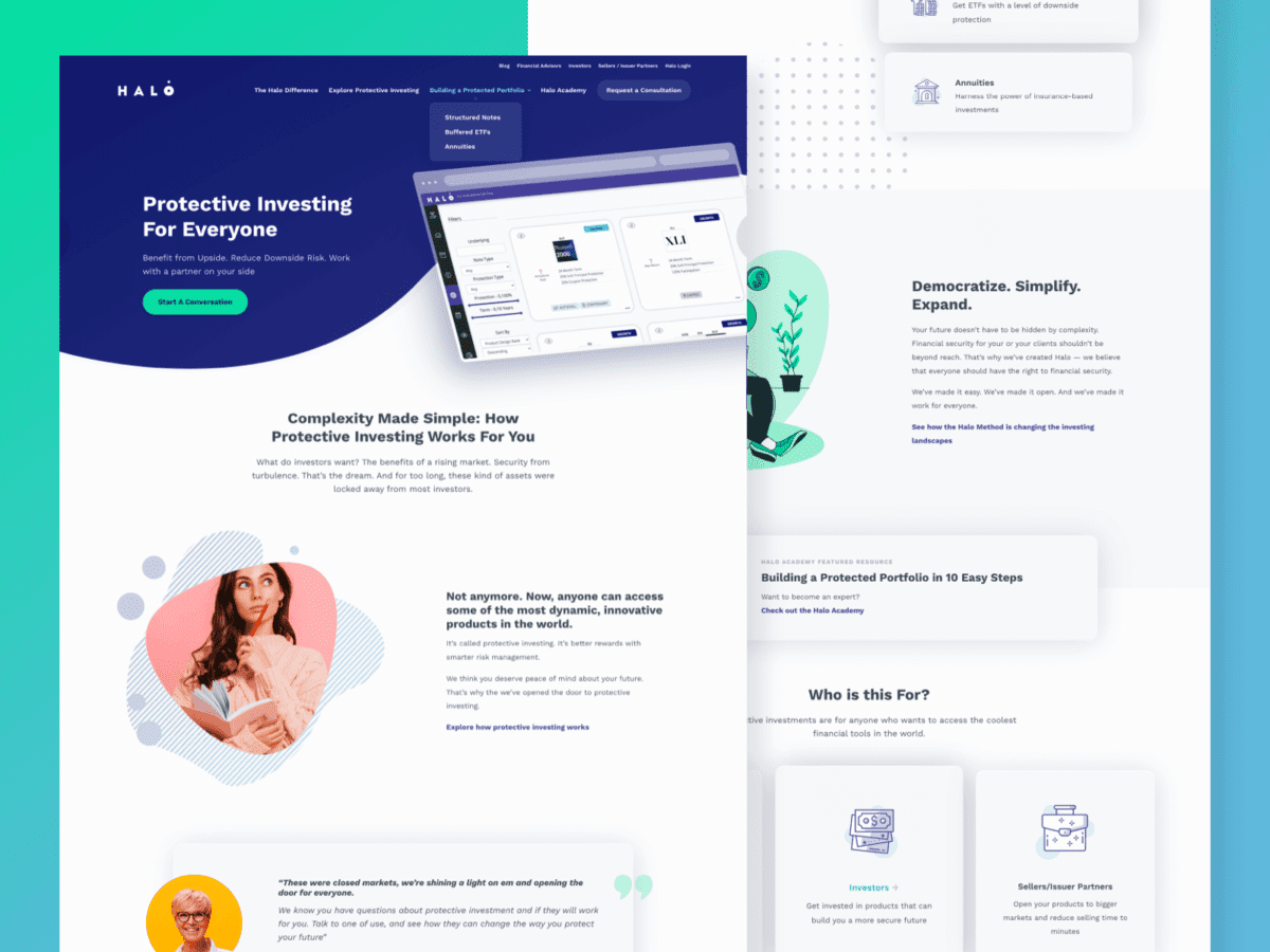 two desktop view of design for halo investing website