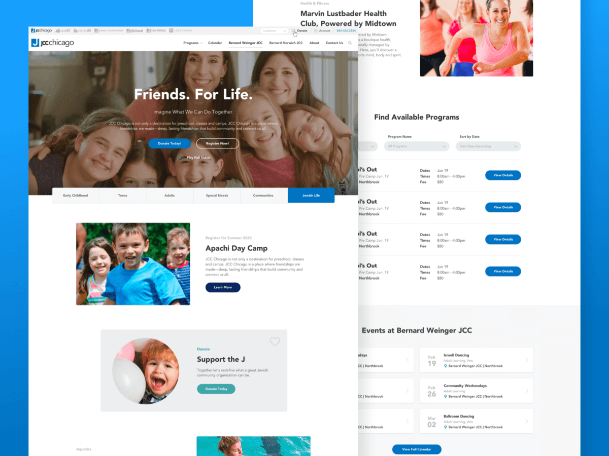 two desktop view of design for JCC Chicago website