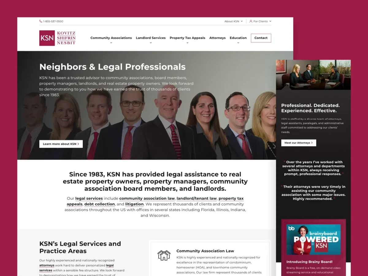Homepage of a law firm website featuring a group photo of professionals in business attire, navigation menu, and sections detailing legal services offered to property owners and associations.