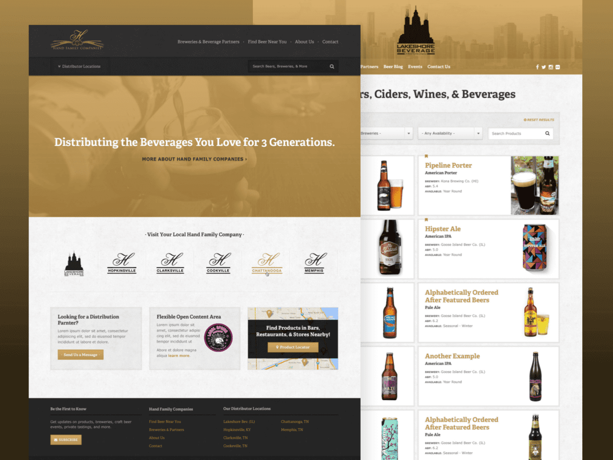 Two desktop-sized screenshots of the Lakeshore Beverage website.