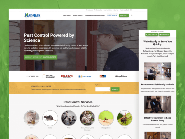 One desktop-sized screenshot, and one mobile-sized screenshot of Landmark Pest Management website.