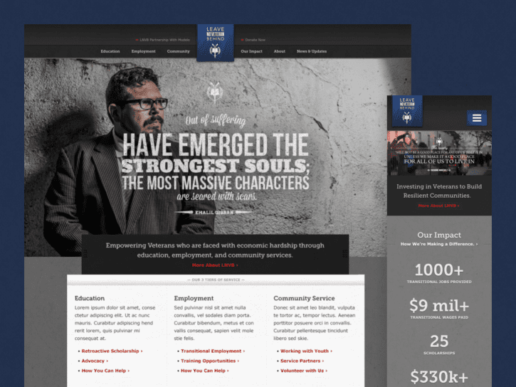 One desktop-sized screenshot, and one mobile-sized screenshot of the Leave No Veteran Behind Organization website.