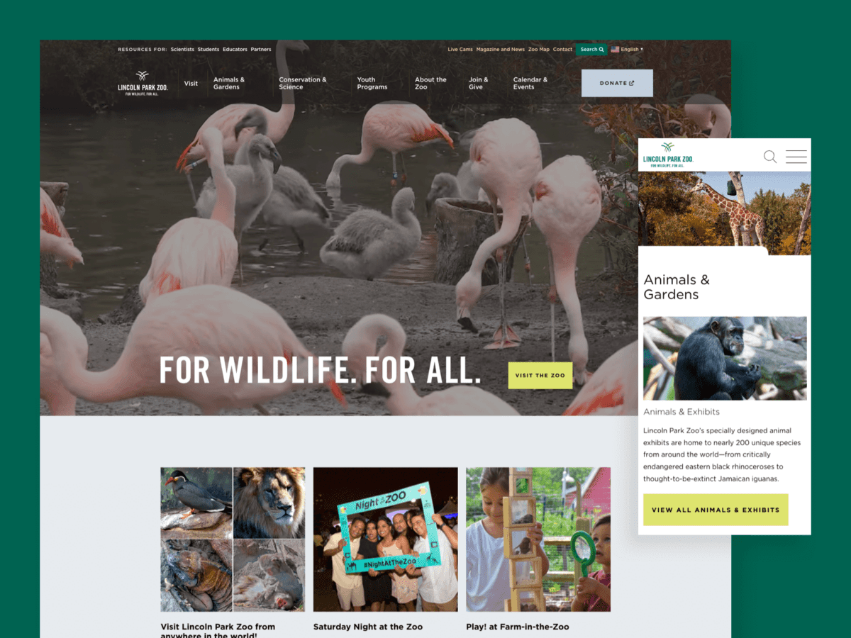 Desktop and mobile screens from Lincoln Park Zoo Website
