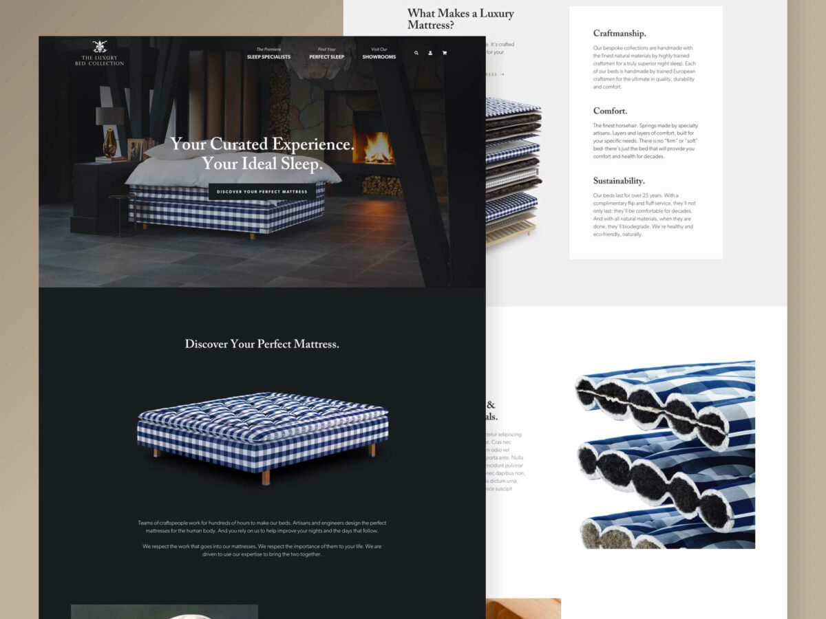 two desktop design view of luxury bed collection website
