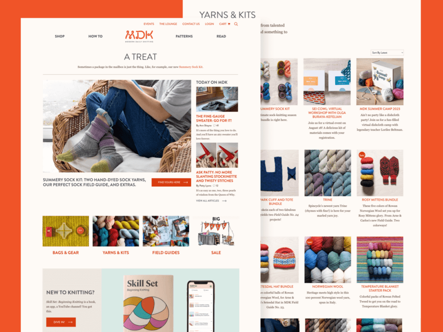 Two desktop-sized screenshots of the Modern Daily Knitting community website.