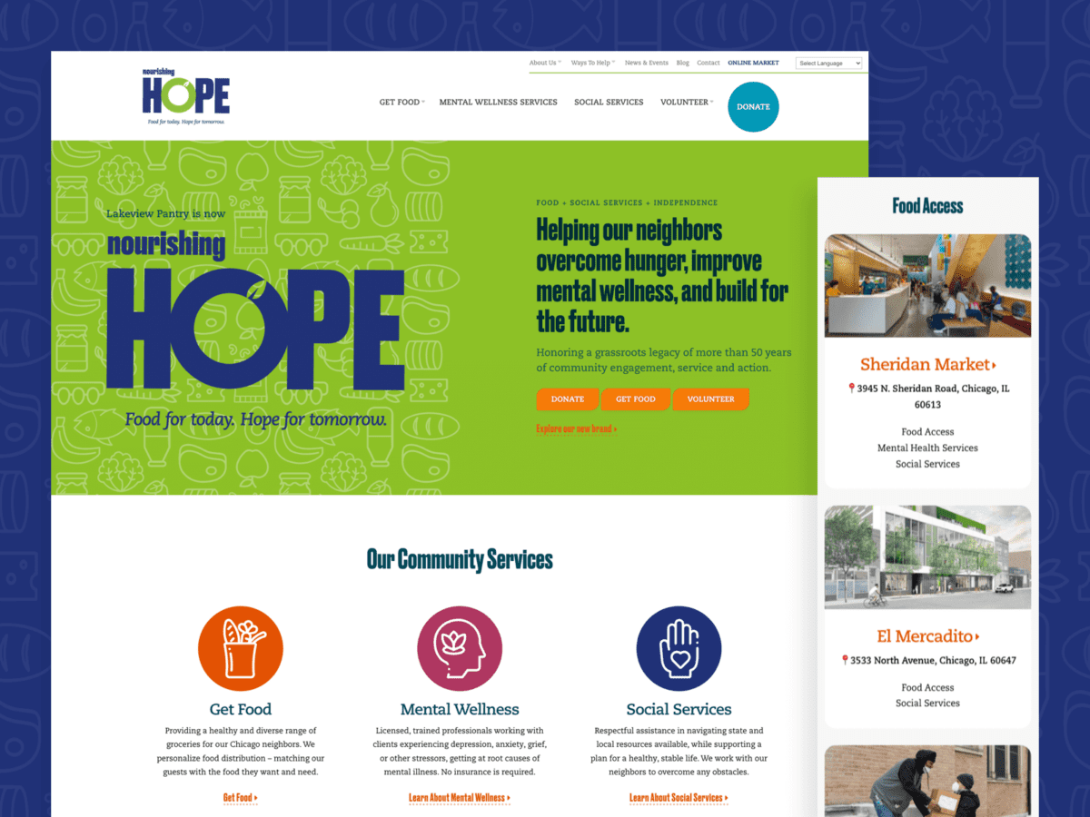 One desktop-sized screenshot, and one mobile-sized screenshot of Nourishing Hope website.