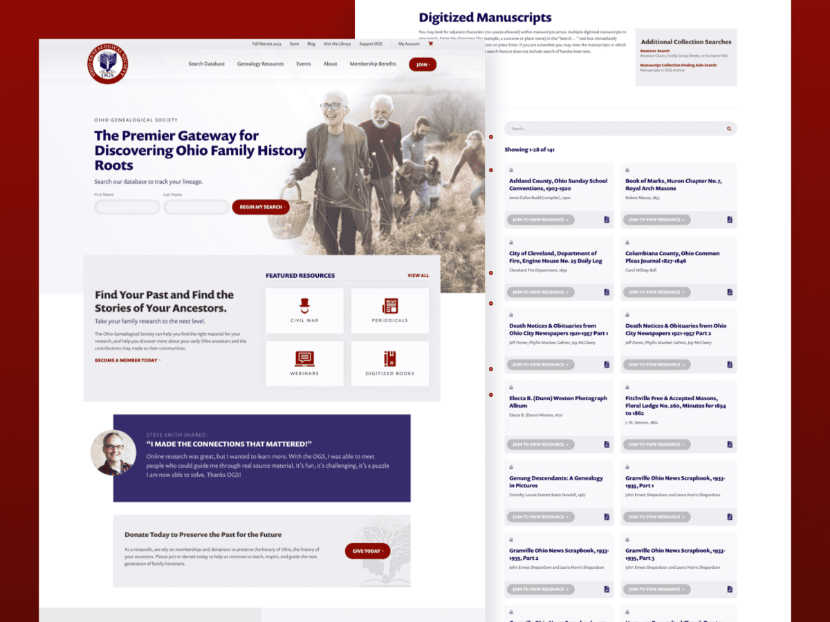 Two desktop-sized screenshots of Ohio Genealogical Society website.