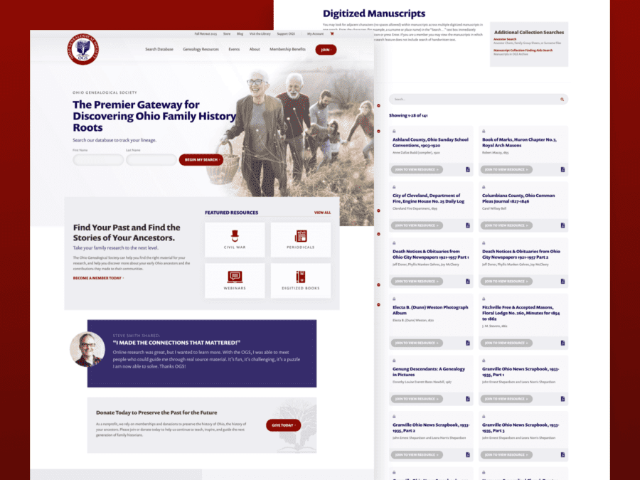 Two desktop-sized screenshots of Ohio Genealogical Society website.